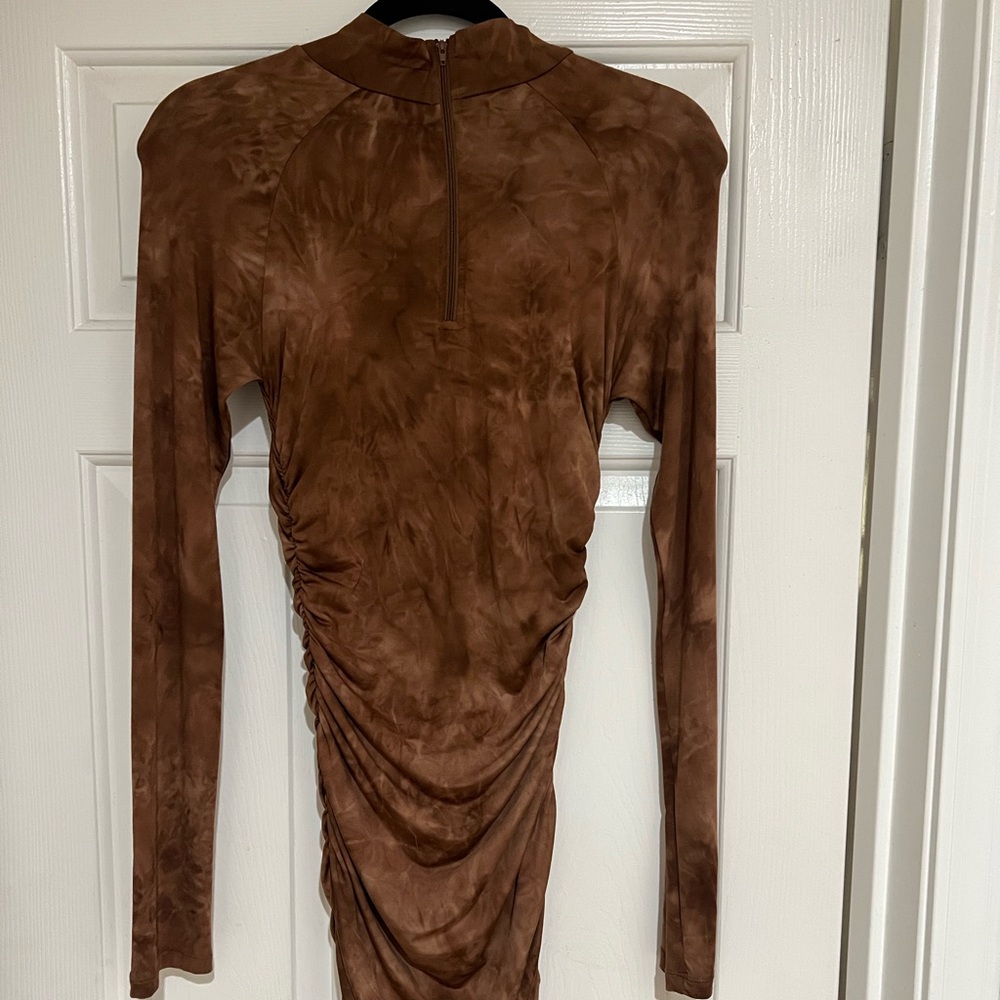 Brown Ruched Long Sleeve Bodycon Dress